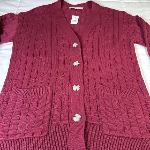 Loft Burgundy Long Sleeve V-Neck Cable Knit Cardigan Size Large Front Pockets - Picture 2 of 10